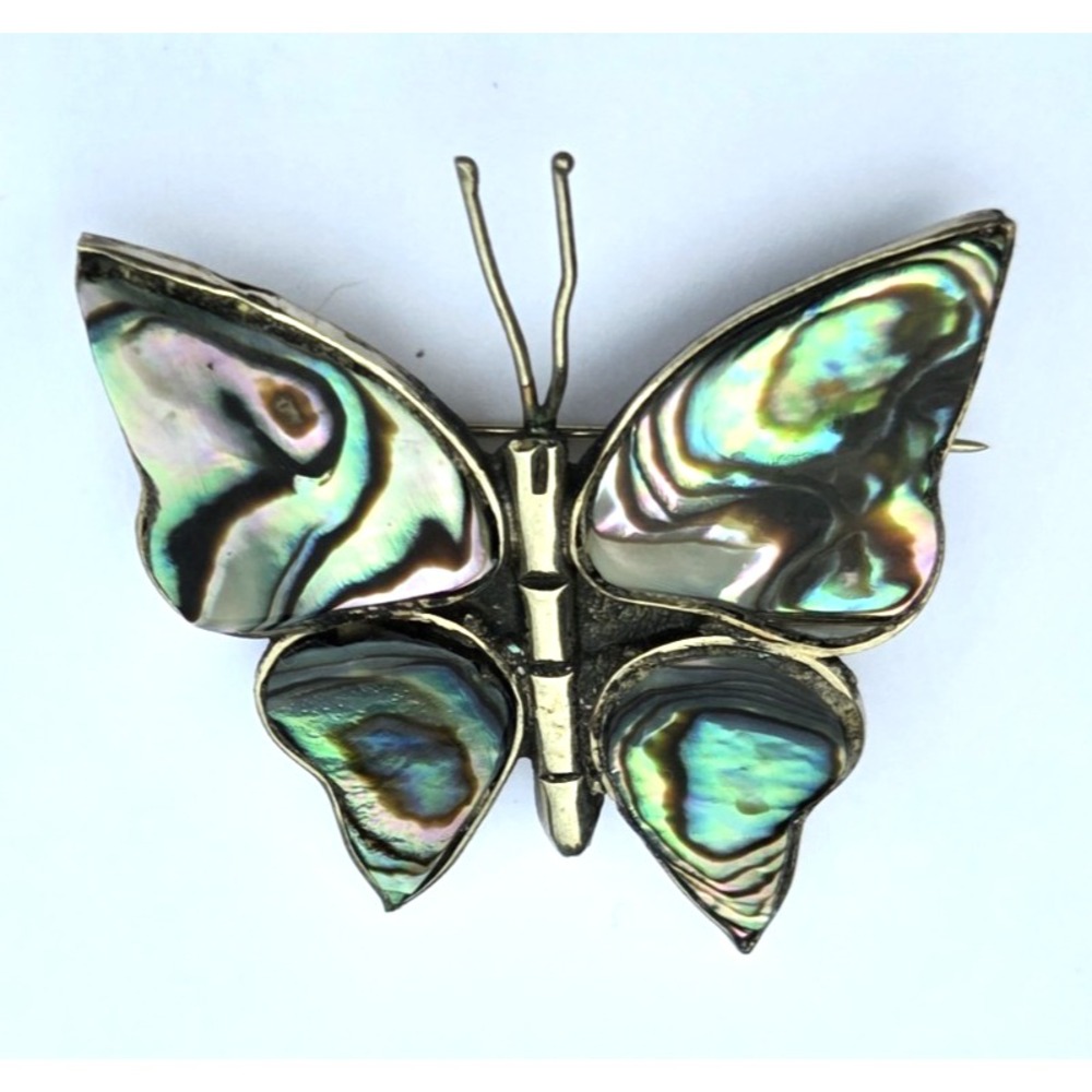 Brooch - Silver ALPACA MEXICO Abalone Butterfly 1.75" x 1.75"